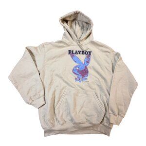 Playboy Men’s Hoodie – Size Medium – Cream with Blue & Purple Bunny Logo
